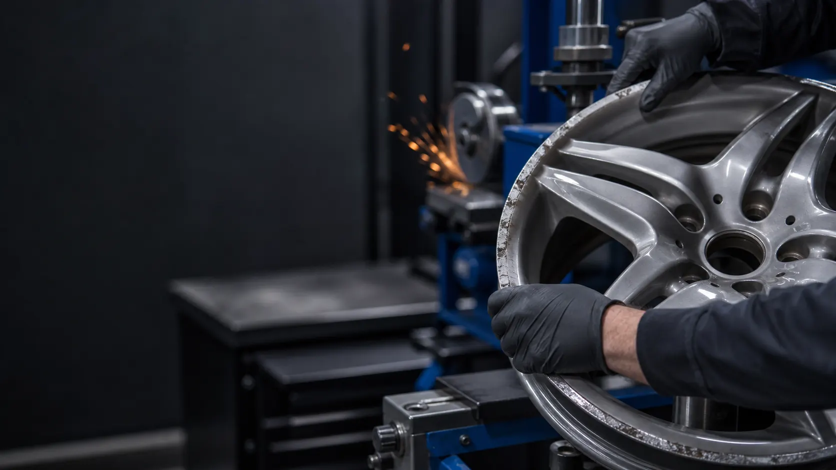 Technician inspecting curb damage on an alloy wheel